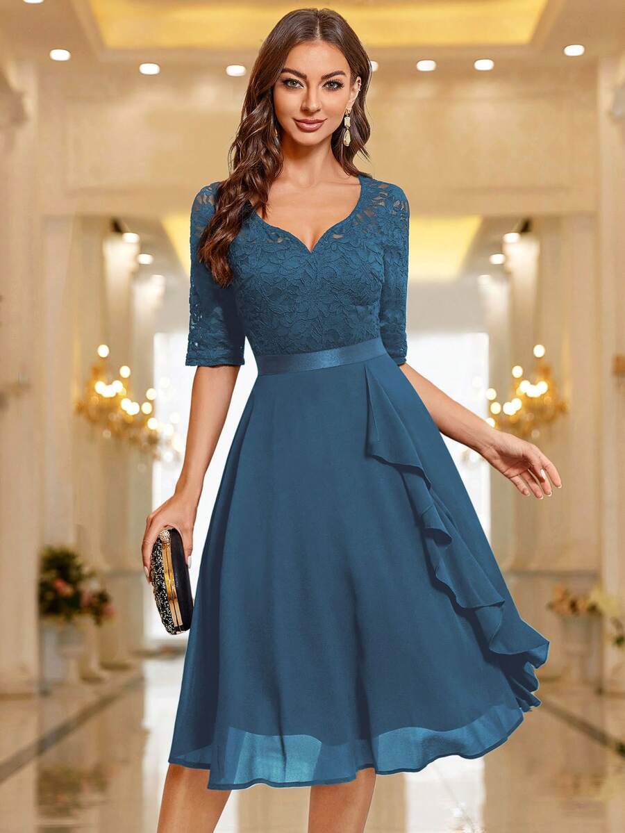 MIUSOL Sweetheart Neckline Floral Lace Ruffle Hem Cocktail Dress, Wedding Guest Dress, Formal Gown