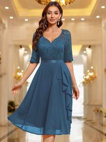 MIUSOL Sweetheart Neckline Floral Lace Ruffle Hem Cocktail Dress, Wedding Guest Dress, Formal Gown - Dusty Blue - View 4