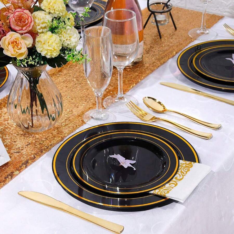 Black Dinnerware Set Includes 9Inch Dinner Plates, 7Inch Salad