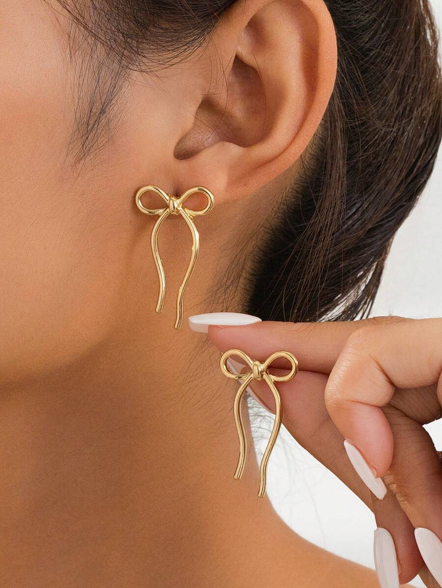 1 Cặp Hoa tai nơ tối giản phù hợp cho các quý cô đeo hàng ngày, hẹn hò, dự tiệc - Vàng - Xem 1
