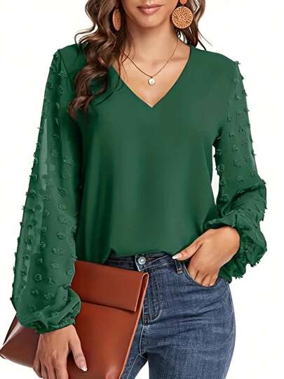 Fox Claw Plus Size Women's Fashionable Small V-Neck Solid Color Casual Temperament Lantern Sleeve Shirt