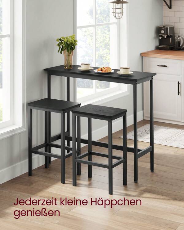 VASAGLE Bartisch mit Barhocker Set, Essgruppe, Stehtisch mit 2 Stühlen, Stahlgestell, Industrie-Design, ebenholzschwarz-tintenschwarz