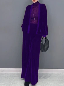 女士优雅、实用、简约长袖无领上衣和阔腿裤套装，秋冬