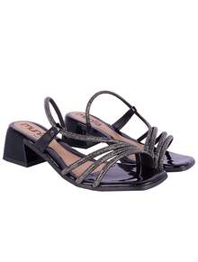 Clog Sandal With Geometric Block Heel, Square Toe, Shiny Straps, Easy Fit, New Release - màu đen - Xem 3