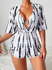 3pcs/Set Women Tropical Plant Print Halter Bikini Set With Tie Sides, Triangle Cups Swimsuit And Waist-Cinching Cover Up Dress, Beach Vacation - White - View 2