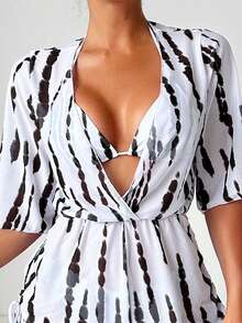 3pcs/Set Women Tropical Plant Print Halter Bikini Set With Tie Sides, Triangle Cups Swimsuit And Waist-Cinching Cover Up Dress, Beach Vacation - White - View 4