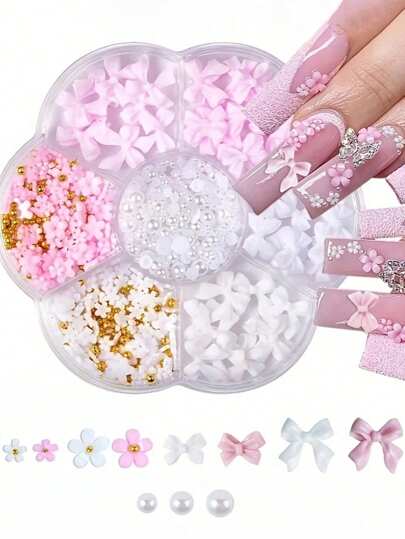 3D Flower Bow Nail Charms Kit, Pink & White Nail Art Decorations With Half Pearls, Cute Acrylic Flower Gems Manicure Set For Diy Crafts Nail Supplies Nails