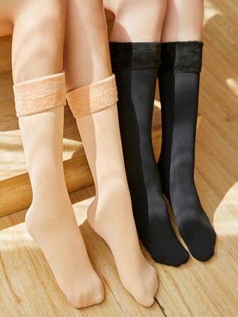 2 Pairs Warm Snow Boots Socks, Thermal Lined Thick Tall Socks, Suitable For Autumn/Winter