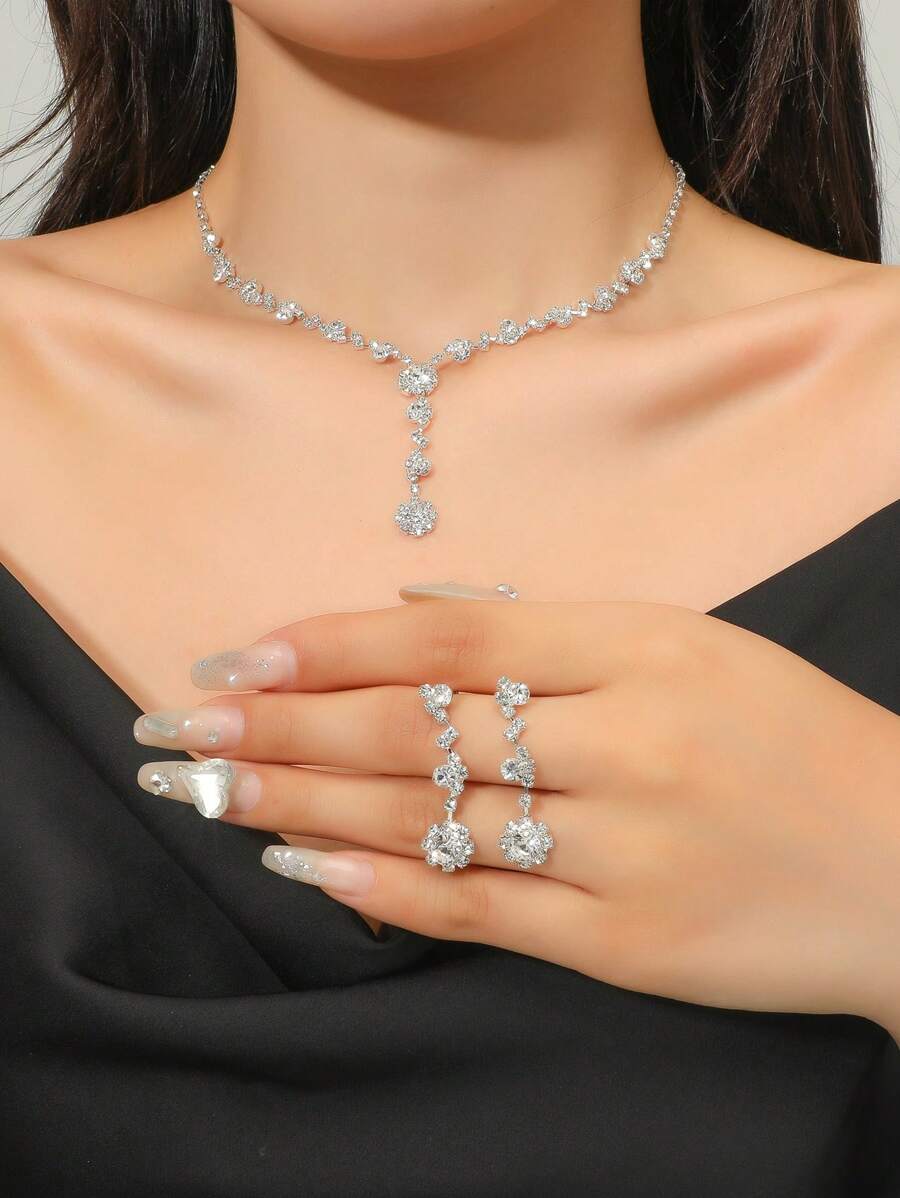 Bộ trang sức cô dâu 3 món: Hoa tai và vòng cổ đính đá Rhinestone, Phụ kiện tiệc cưới cho phụ nữ - bộ trang sức - Xem 1