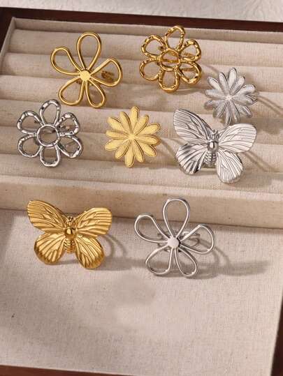 Daisy Pattern Stainless Steel Ring, Women's Wide Open Gold-Tone Ring, Anti-Fading, Elegant And Suitable For Wedding Wear, Can Be Used As Jewelry Accessory Or Gift