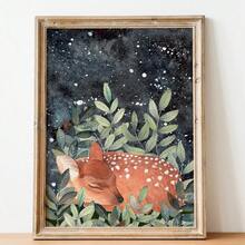 1 件林地森林动物夜空墙壁艺术熊和月亮海报狐狸鹿睡觉插图帆布画儿童房间装饰无框架 - 彩色 - 查看 15