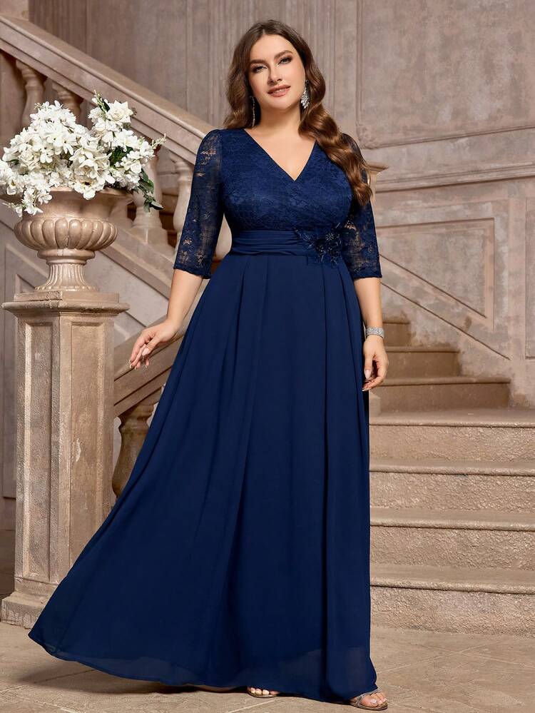 Plus Size V-Neck Floral Lace Contrast Color Chiffon Applique Waist Formal Party Dress, Elegant Autumn Gown Suitable For Birthday, Graduation, Homecoming, Banquet, Holiday And Other Occasions - Navy Blue - View 4