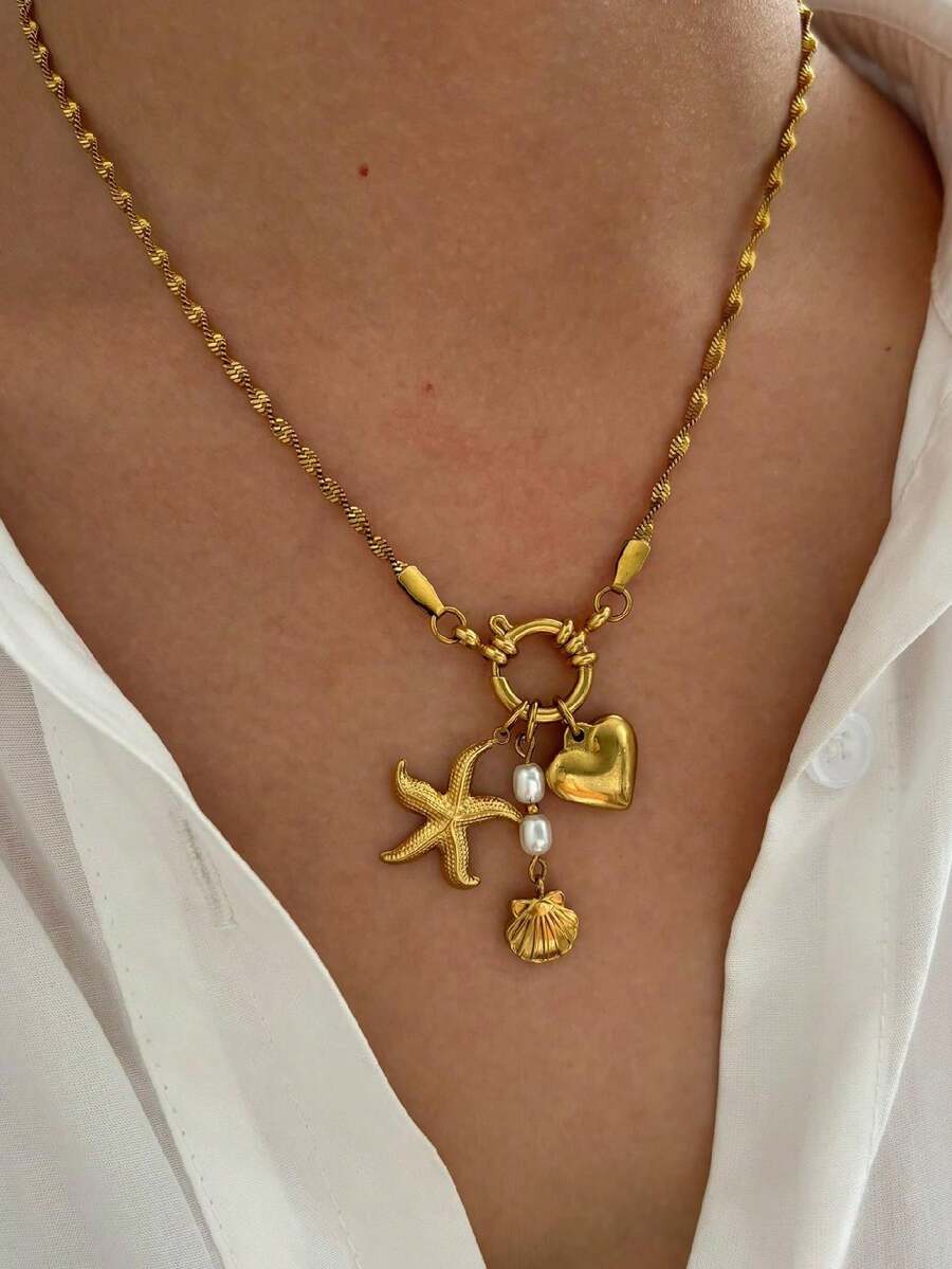 Monlansher 1pc Exclusive New Multi-Element Pendant Stainless Steel Women Necklace With Wave Link Chain Decorated With Starfish, Heart, Shell Charms, Personalized Fashion Minimalist Women Stainless Steel Pendant Necklace