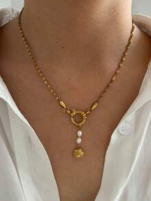 Monlansher 1pc Exclusive New Multi-Element Pendant Stainless Steel Women Necklace With Wave Link Chain Decorated With Starfish, Heart, Shell Charms, Personalized Fashion Minimalist Women Stainless Steel Pendant Necklace