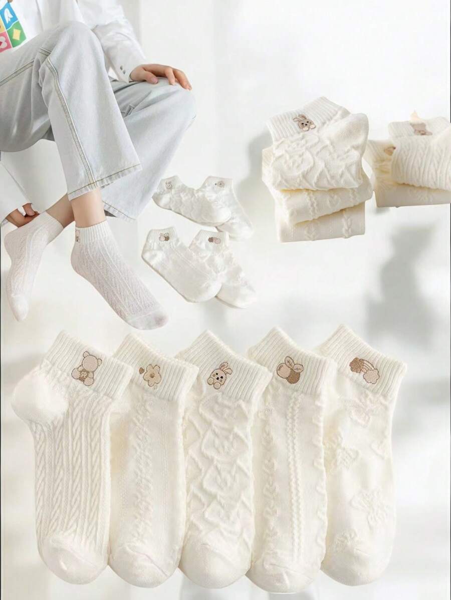 KIT 12 PAIRS OF CUTE WHITE WOMEN'S SOCKS WITH TEXTURE - White - View 1