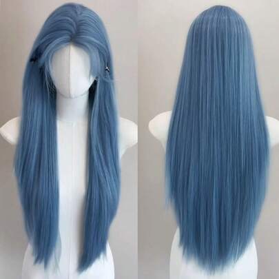 28 Inch U-Part Lace Front Blue Long Straight Center Parting Synthetic Wig, Suitable For Holidays, Parties Or Cosplay