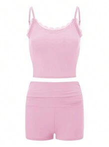 Women 2 Piece Cami Shorts Sets Sexy Spaghetti Strap Crop Top High Waist Shorts Y2k Lounge Outfits Pajamas Sleepwear - 粉色 - 查看 4