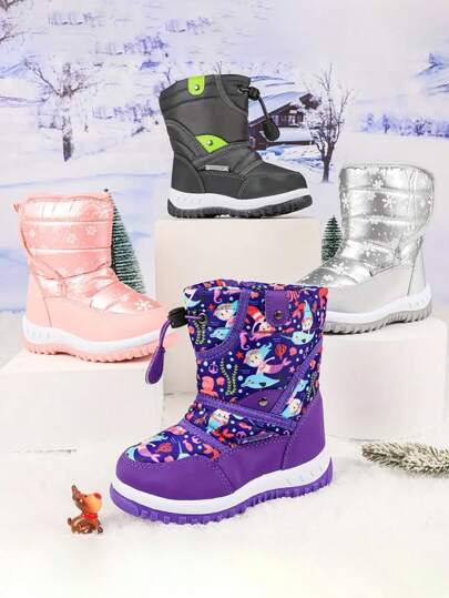 Kids Winter Snow Boots Mermaid Stars Cartoon Pattern Warm Boots Warm Cartoon Pattern Outdoor Snow Boots Pink For Kids