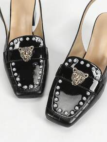 女士拖鞋，新款夏季方头粗跟时尚一脚蹬高跟舒适穆勒鞋 - 黑色 - 查看 5