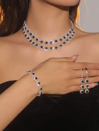 3 件套水钻花卉装饰首饰套装 - 适合女性日常佩戴、婚礼、派对等。