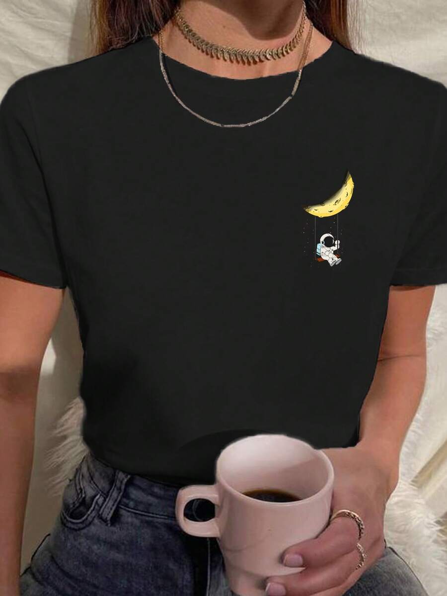 T-Shirt You On Women's Baby Look Astronaut Swing Moon Various Colors 100% Cotton - 黑色 - 查看 1