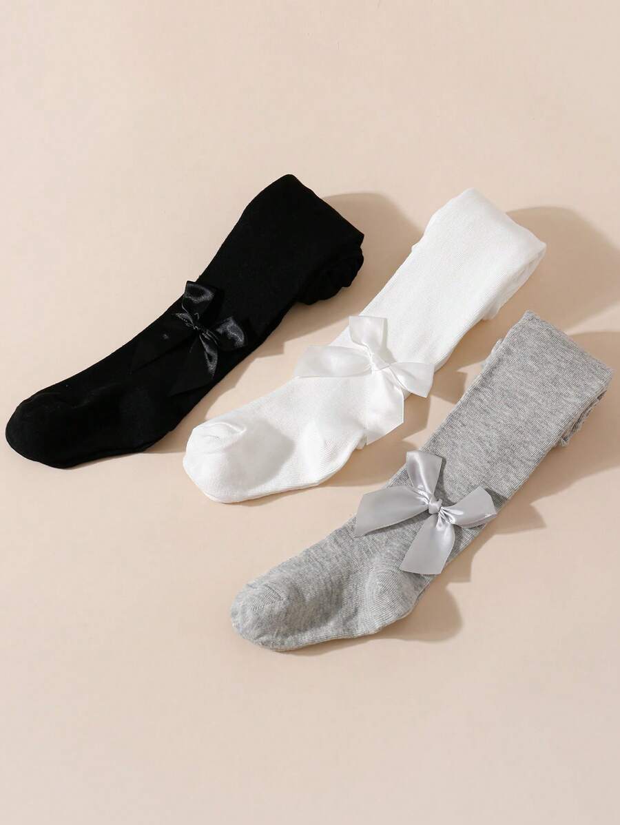 3pcs Toddler Girls Bowknot Decor Solid Color Tights, Suitable For Everyday Wear