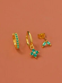 一套不锈钢绿色水晶锆石耳环，女士几何耳骨穿孔耳环，时尚饰品 - 彩色 - 查看 13