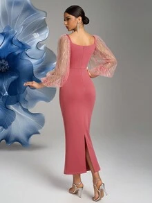 Váy xòe cổ vuông tay đèn lồng chắp vá đính sequin xẻ sau lưng, váy dạ hội trang trọng thanh lịch, dành cho khách dự tiệc cưới, tốt nghiệp, tiệc tối - Gỗ đỏ - Xem 3