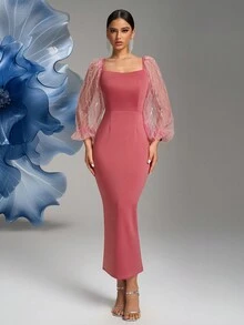 Váy xòe cổ vuông tay đèn lồng chắp vá đính sequin xẻ sau lưng, váy dạ hội trang trọng thanh lịch, dành cho khách dự tiệc cưới, tốt nghiệp, tiệc tối - Gỗ đỏ - Xem 4
