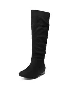Women's Wide Calf Knee High Boots Fur Lined Pull On Side Zipper Classic Elegant Fall Weather Winter Boots - DA LỘN MÀU ĐEN - Xem 8