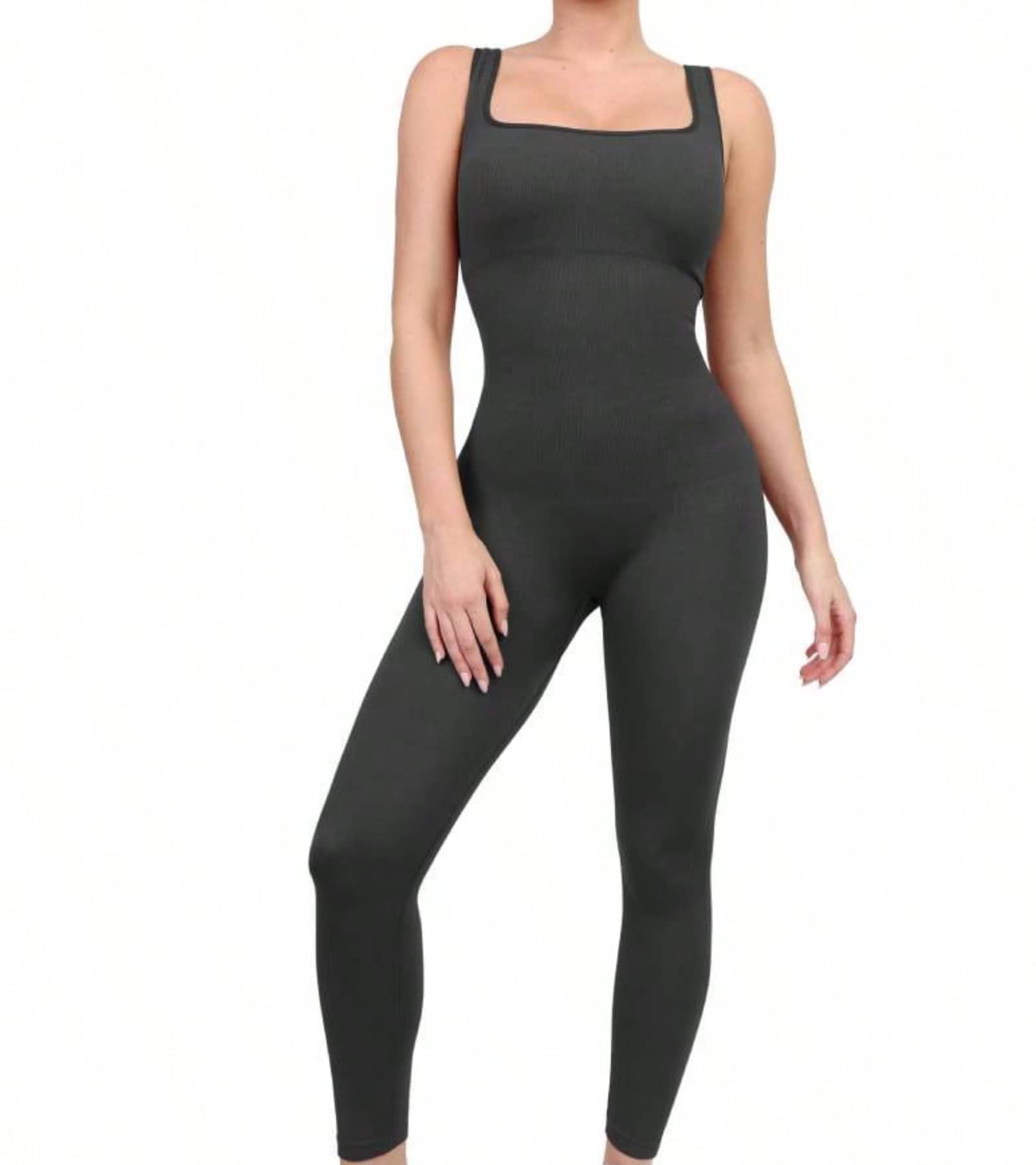 Popilush Jumpsuits For Women Built-In Bra Square Neck Ribbed Bodycon Workout Seamless Leggings Rompers Bodysuits - Grey - View 1