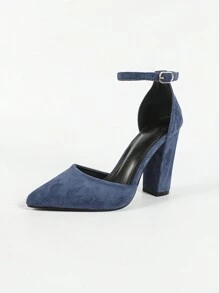 女士尖頭厚跟時尚泵鞋,極簡主義風格單鈕踝帶高跟鞋,適用於宴會,高雅的海軍藍色 - 藏蓝色 - 查看 7