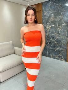 Strapless Knitted Midi Dress In Trico Modal Yarn - trái cam - Xem 2