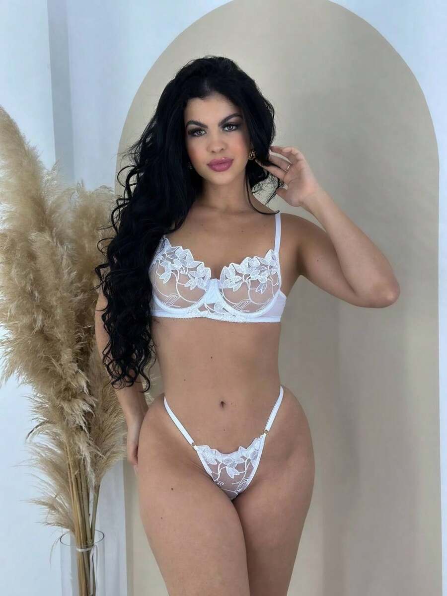 Cropped Lingerie Set With Bow Tulle Embroidery Thong Sexy CJ002 - trắng - Xem 1