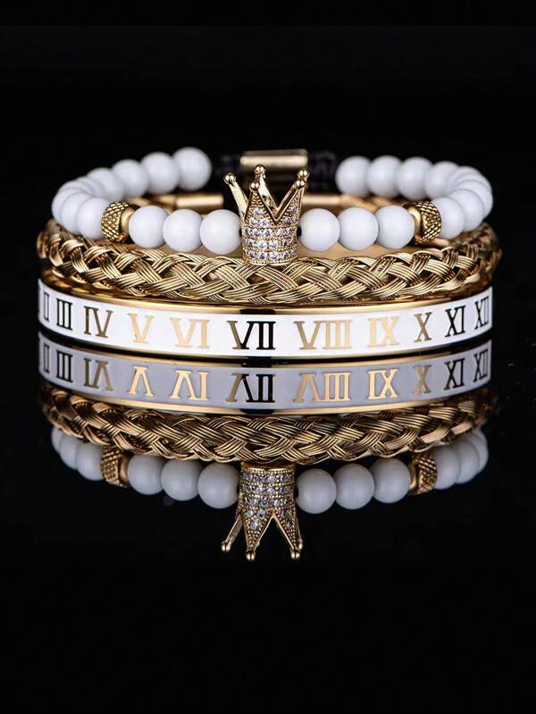 3pcs/Set Men's Pineapple Bead, Leopard Head Braided, Zirconia Stainless Steel Bracelets