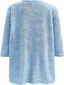 Loose Fit Long Sleeve Plush Letter Print Pocket Crew Neck Sweatshirt, Plus Size - Blue - View 2