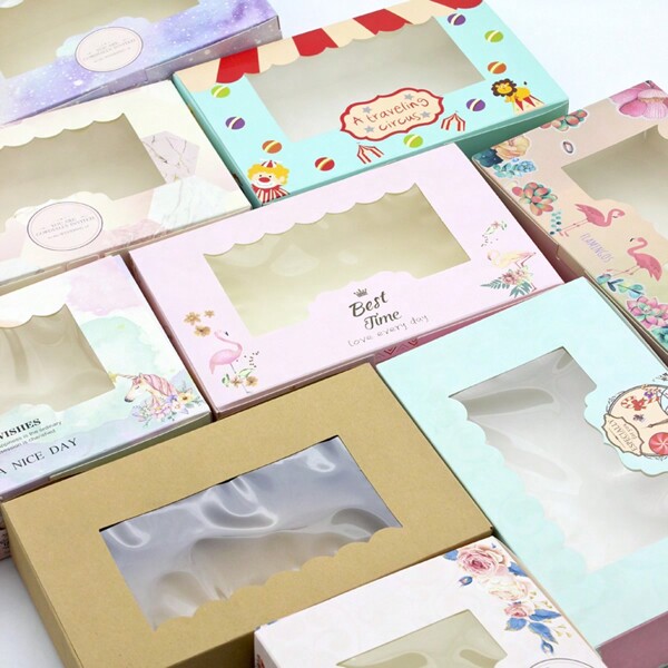 6pcs Pink Gift Boxes, Candy, Chocolate, Baking Packages, Cake Display Window Paper Boxes For Birthday, Wedding Party Decoration, Wedding Gift Packaging Boxes, Blue, Rose Flower, Marble, Circus, Polka Dot Patterns