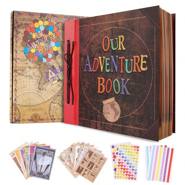 OUR ADVENTURE BOOK Großes Scrapbook-Fotoalbum im Format 30,5 x 30,5 cm, 60 Seiten, "Unser Abenteuerbuch", 3D-Retro-Buchstabenprägung, Hardcover, Movie Up, Reisetagebuch, Erinnerungsbuch für Paare, Geschenk für die beste Freundin, Geschenke zum Valentinstag
