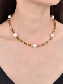 1 chiếc vòng cổ hạt ngọc trai nước ngọt tự nhiên 8-9mm và đá bán quý, phong cách Bohemian dành cho phụ nữ mặc hàng ngày - Hạt mặt - Xem 8