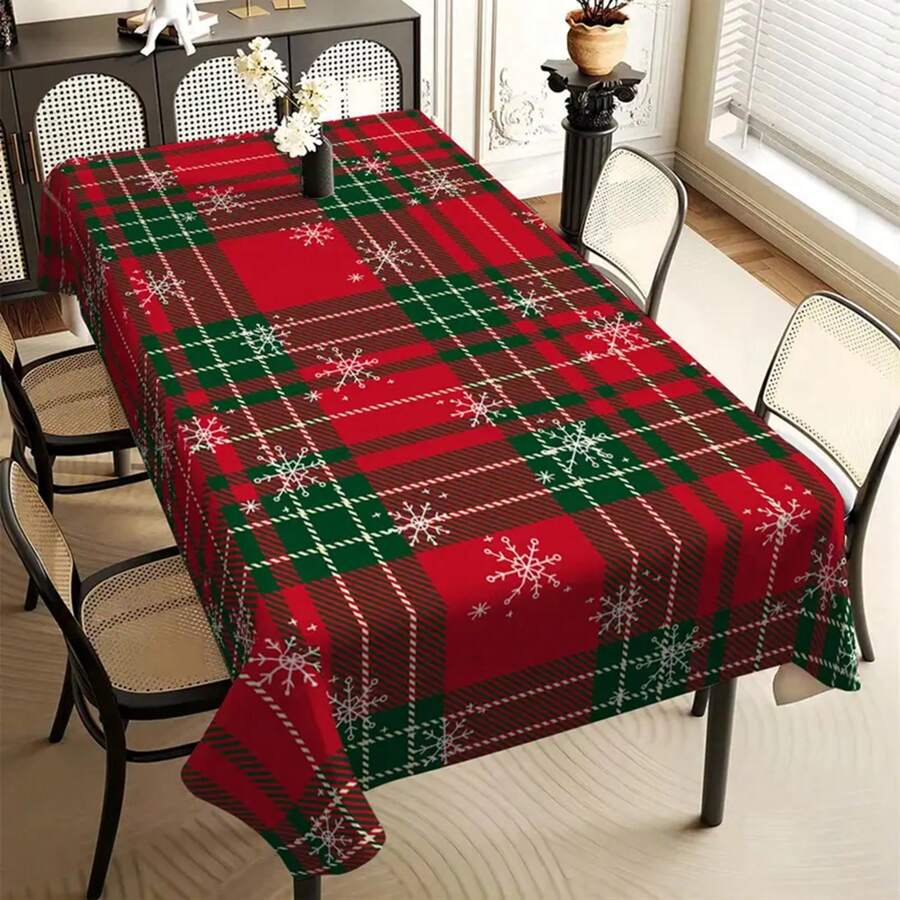 1pc Machine Woven Polyester Rectangle Christmas Plaid Tablecloth With Snowflakes - Stain Resistant, Washable, Ideal For Home Kitchen, Restaurant, Parties, Holiday Table Decor - Multicolor - View 1