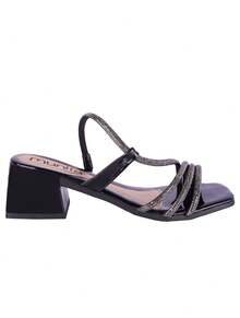 Clog Sandal With Geometric Block Heel, Square Toe, Shiny Straps, Easy Fit, New Release - màu đen - Xem 5