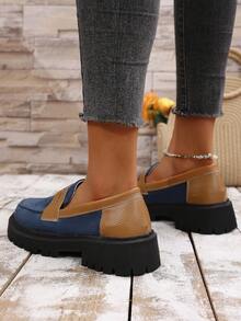 女士厚底套脚乐福鞋，女士撞色休闲套脚鞋 - 藏蓝色 - 查看 5