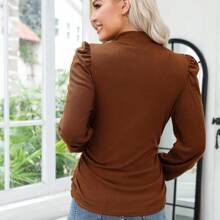 Women's Elegant Knit Ribbed Maternity Pullover With Mock Neck, Long Sleeves, And Bubble Sleeves - Perfect For Work, Baby Showers, And All Stages Of Pregnancy