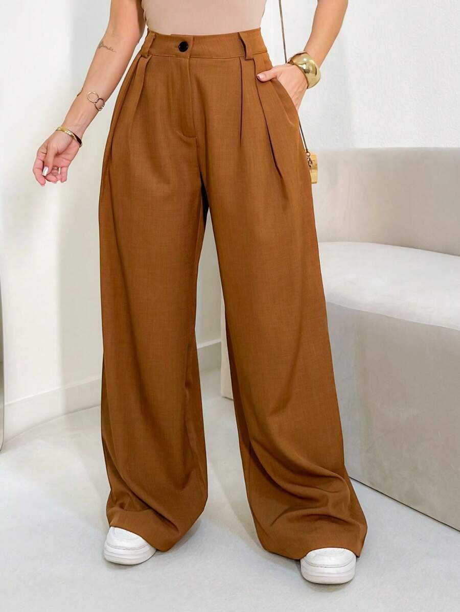 Louis Marrant Women's Wide Leg Pants With One Button, Open Zipper And Side Pockets - 棕色 - 查看 1