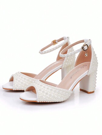 Women 2.75" Thick Heel Peep-Toe Faux Pearl Hollow High-Heel Sandals, Beige Bridal Wedding Evening Dress Shoes, Chunky Heel Plus Size Ladies Roman Strap Sandals, White Wedding Banquet Shoes, Faux Pearl High Heels Bridal Shoes Valentines