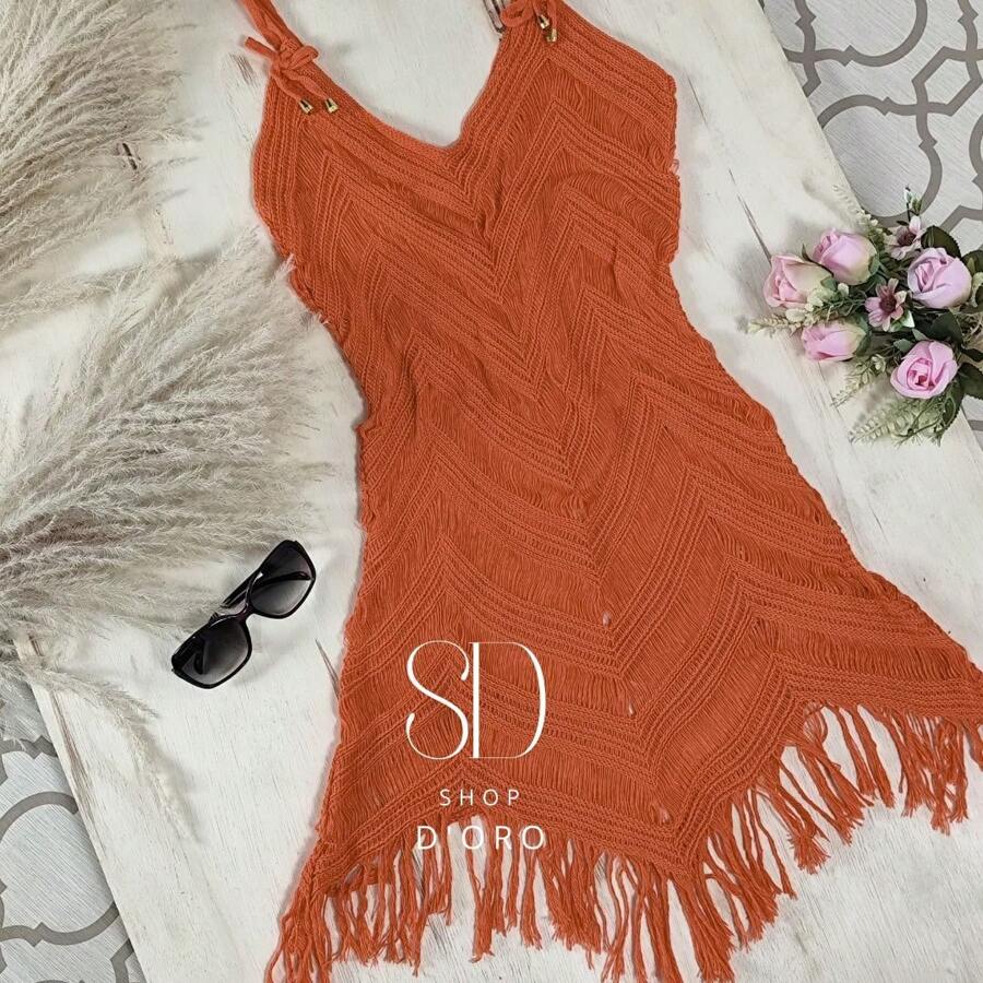 Beach Cover-Up With Fringes And Ocean Waves - Orange - View 1