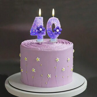 3pcs/Set Sparkling Glitter Purple Flower Digit Candles, Birthday Cake Candle Decoration, Party Candle Decor, 0-9 Year Old Numeral Candles, Atmosphere Birthday Candles, Beautiful & Creative Digit Candles, Surprise Party Cake Decor, For Party, Wedding, Birthday Dinner And Restaurant Atmosphere Decoration, Room Decor, Gifts, Birthday Decorations, Happy Birthday, Cake Candles, Room Decor