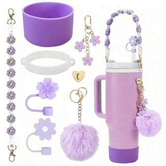 7 件套配件套装适用于 Cup - 硅胶瓶手柄带、水瓶套、杯子吸管盖、适用于 Stanely Cup 40 盎司玻璃杯的可爱饰物、水瓶配件