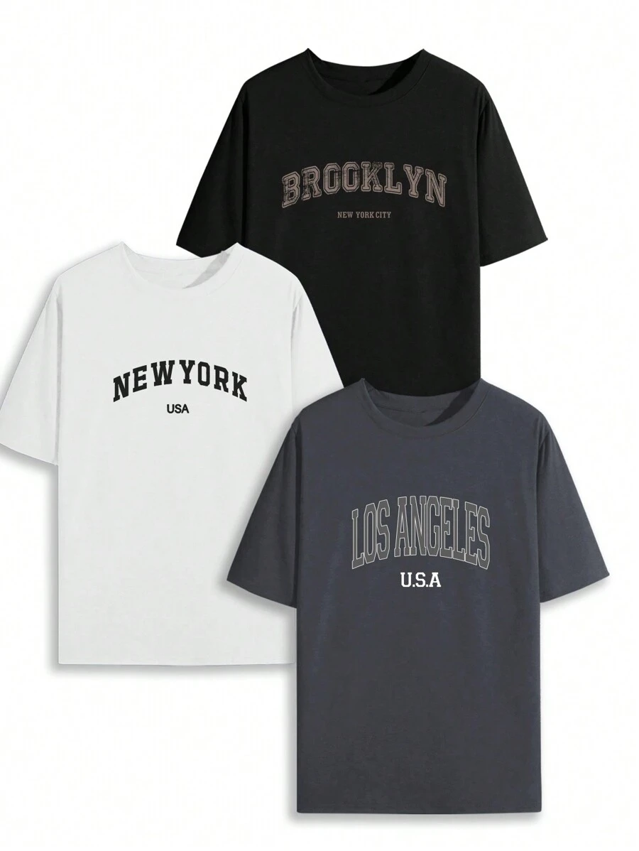 3pcs Men Fashion Casual All-Match Loose Fit Short Sleeve T-Shirt Set