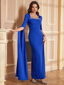Long Sleeve Embroidered Drawstring Dress With Extra Long Slit Sleeves, Elegant Arabian Style - Blue - View 5
